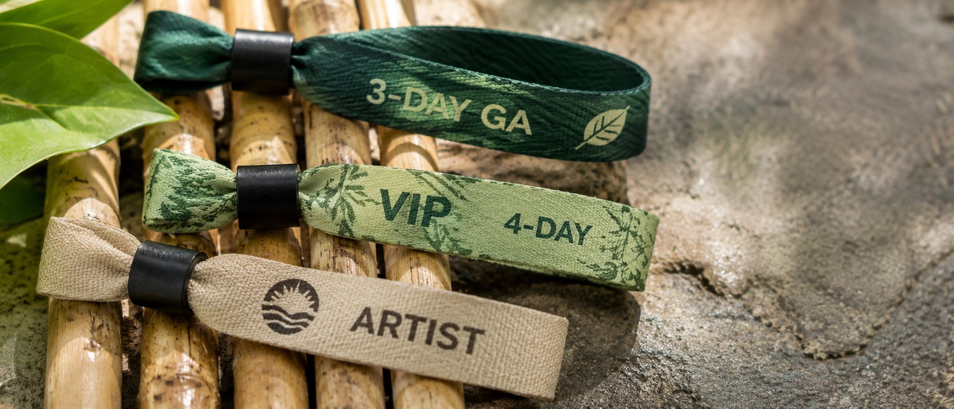 Detailed texture of eco-friendly fabric wristbands like rPET and bamboo, showing the high-quality weave suitable for multi-day event credentials.