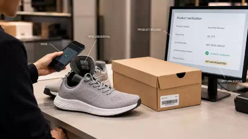RFID footwear authentication at a returns desk using a shoe tag, shoebox label and product verification record RFID footwear authentication at a returns desk using a shoe tag, shoebox label and product verification record