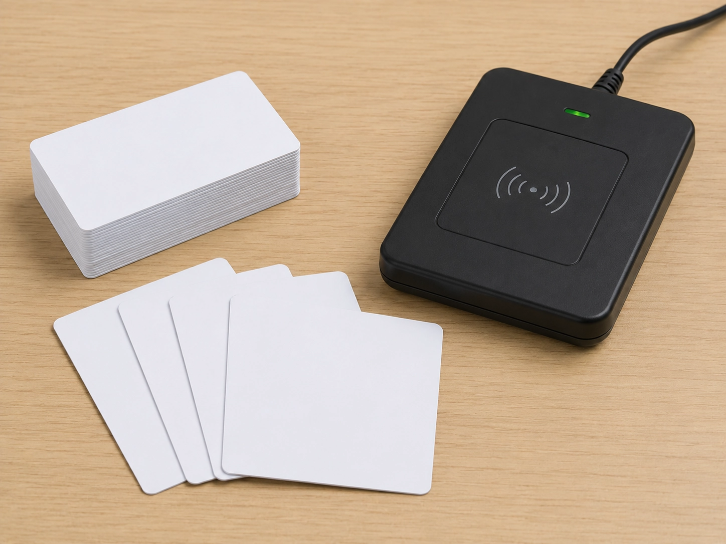 Blank printable PVC cards with RFID smart chips placed next to an installed desktop RFID reader and access control encoder